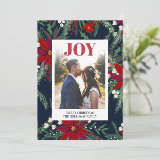 Joy Christmas chique bloemen poinsettia patroon fo Feestdagenkaart (Staand voorkant)