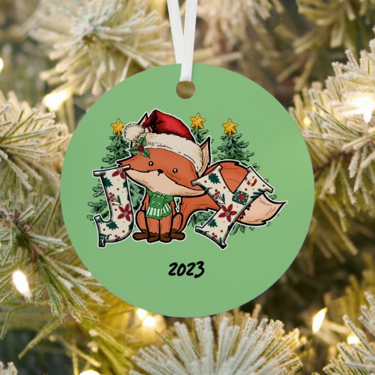 Joy Christmas Fox Metalen Ornament (Insitu)