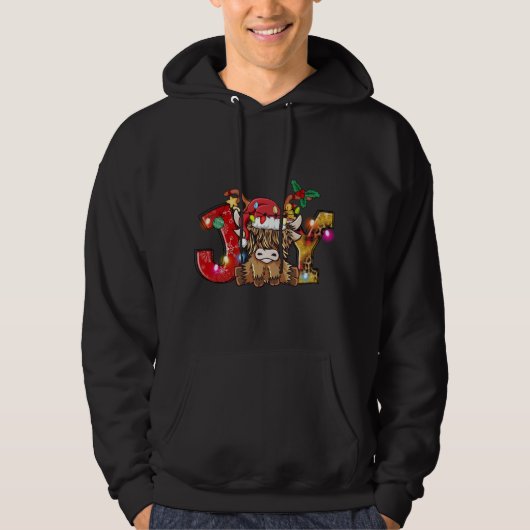 Joy Christmas Highland Koe Boer Santa Ha Hoodie (Voorkant)