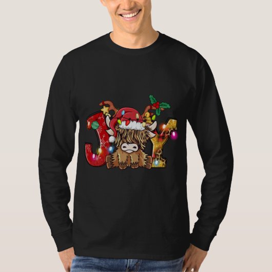 Joy Christmas Highland Koe Boer Santa Ha T-shirt (Voorkant)
