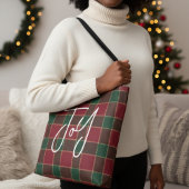 Joy Christmas Holiday Red & Green Tartan Pattern Tote Bag