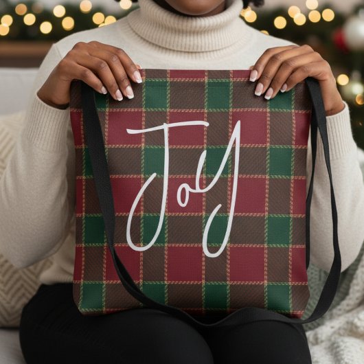Joy Christmas Holiday Red & Green Tartan Pattern Tote Bag