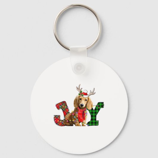 Joy Christmas Lights Long Haired Dachshund Dog San Sleutelhanger (Voorkant)