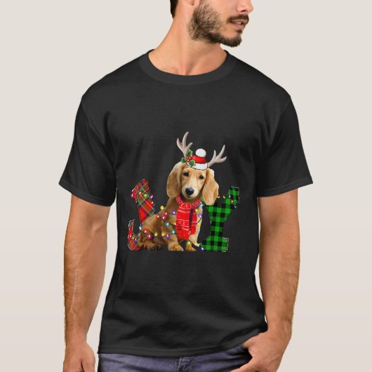 Joy Christmas Lights Long Haired Dachshund Dog San T-shirt (Voorkant)