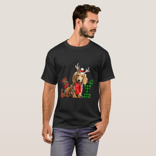 Joy Christmas Lights Long Haired Dachshund Dog San T-shirt (Voorkant volledig)