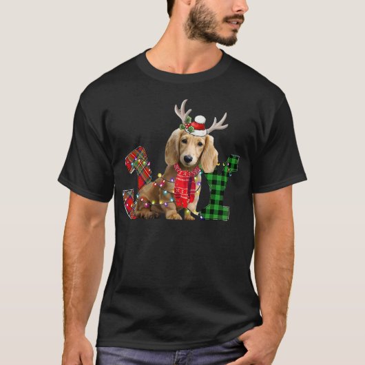 Joy Christmas Lights Long Haired Dachshund Dog San T-shirt (Voorkant)