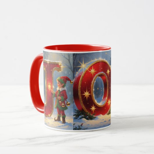 JOY Christmas Mug - Festive Joy Holiday Coffee Mug Mok (Voorkant links)