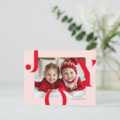 JOY Christmas Photo | Modern Red & Pink Family Briefkaart (Staand voorkant)