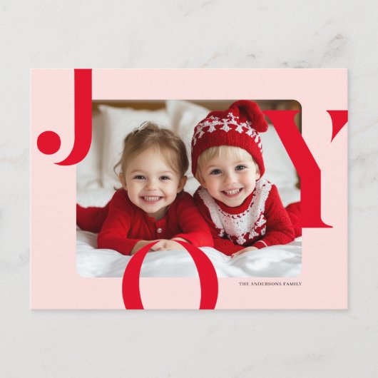 JOY Christmas Photo | Modern Red & Pink Family Briefkaart (Voorkant)