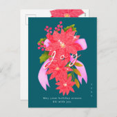 Joy Christmas Poinsettia Teal Feestdagenkaart (Voorkant / Achterkant)