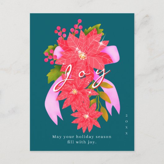 Joy Christmas Poinsettia Teal Feestdagenkaart (Voorkant)