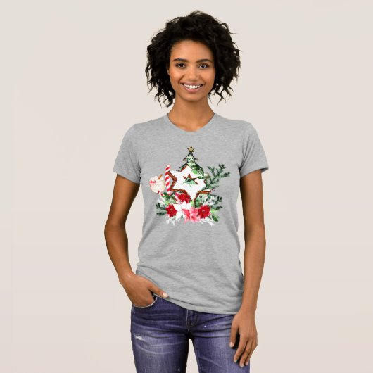 JOY Christmas Tree Flowers Candy Cane T-shirt (Voorkant volledig)