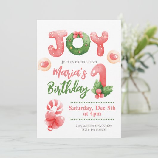 Joy Christmas Winter Kinder 1e Verjaardagsuitnodig Kaart (Staand voorkant)