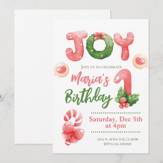 Joy Christmas Winter Kinder 1e Verjaardagsuitnodig Kaart (Voorkant / Achterkant)