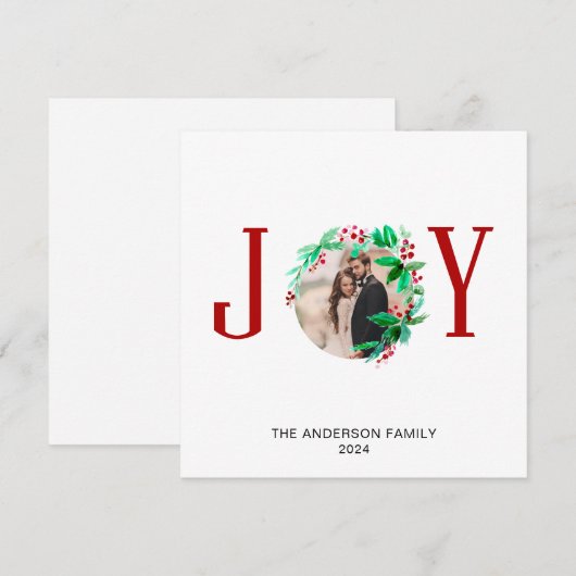 Joy Christmas Wreath Holiday Waterverf Foto Feestdagenkaart (Voorkant / Achterkant)