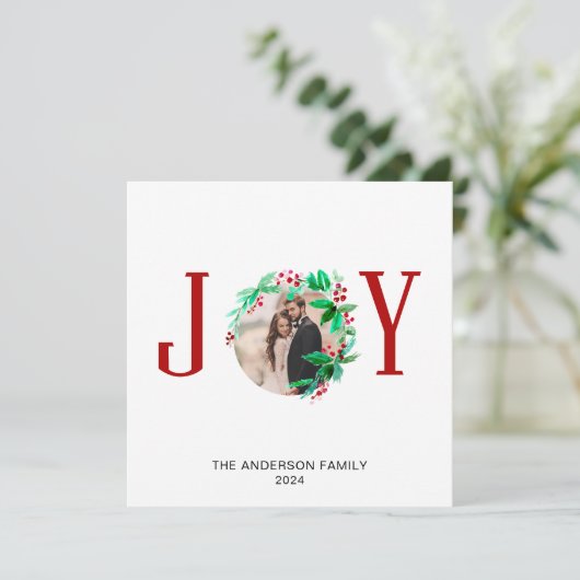 Joy Christmas Wreath Holiday Waterverf Foto Feestdagenkaart (Staand voorkant)
