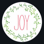 Joy Christmas Wreath Typografie Quote Stickers<br><div class="desc">Eenvoudige en  Kerst stickers met een groene waterverf krans en het woord Joy in een elegant rood lettertype.</div>