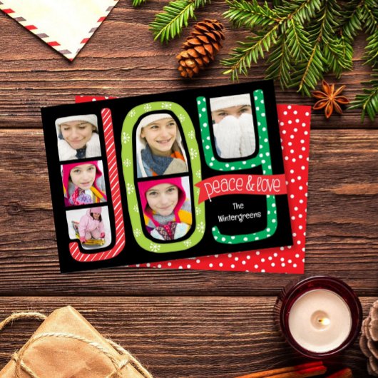 JOY Collage Christmas Photo Card Whimsical Feestdagenkaart