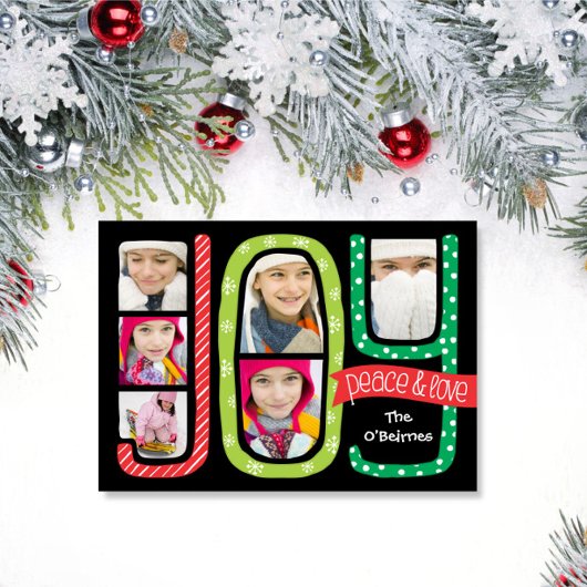 JOY Collage Kerstmis Fotokaart Hand getrokken Feestdagenkaart