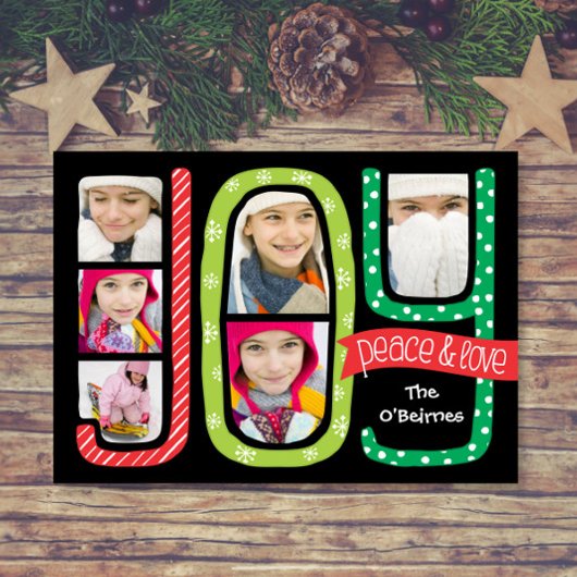 JOY Collage Kerstmis Fotokaart Hand getrokken Feestdagenkaart