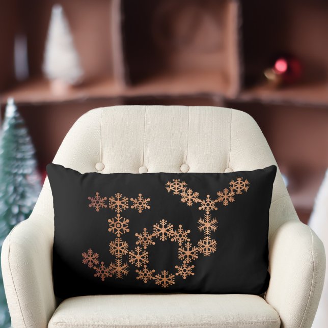 Joy Copper Snowflakes Black Feestelijke Lumbar Kus Kussen (Festive snowflakes spell out the word Joy. It's double sided with snowflakes on the reverse)