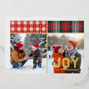Joy Cozy Plaid en Goud 2 Familie Foto Plat Folie Feestdagenkaart