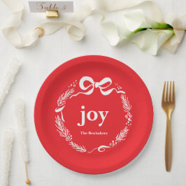 Joy Custom Red Modern Whimsical Bow Christmas Papieren Bordje