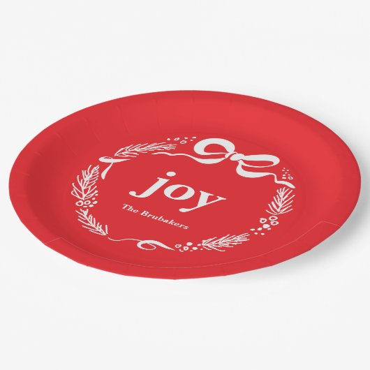 Joy Custom Red Modern Whimsical Bow Christmas Papieren Bordje (Gekanteld)