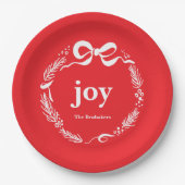 Joy Custom Red Modern Whimsical Bow Christmas Papieren Bordje (Voorkant)