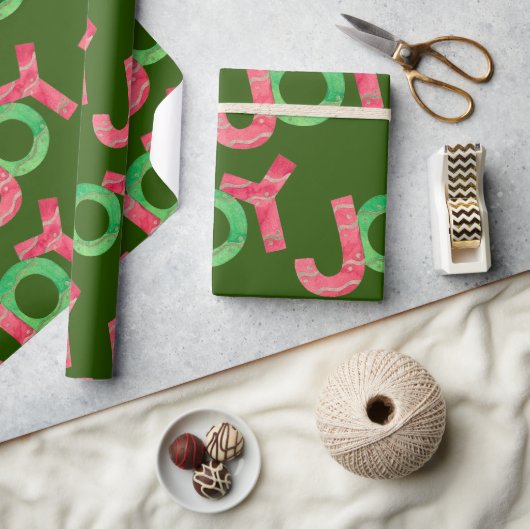 Joy | Cute Colorful Red Green-kerstpatroon Cadeaupapier (Crafts)
