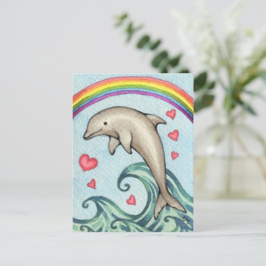 Joy - Cute Rainbow Dolphin Art Briefkaart (Staand voorkant)