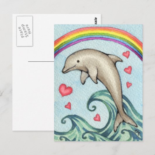 Joy - Cute Rainbow Dolphin Art Briefkaart (Voorkant / Achterkant)