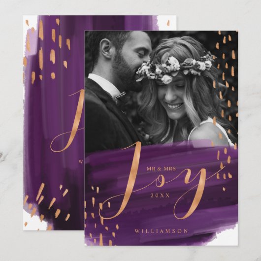 Joy | Deep Paarse Waterverf Was Passen getrouwd Fo Feestdagenkaart (Voorkant / Achterkant)