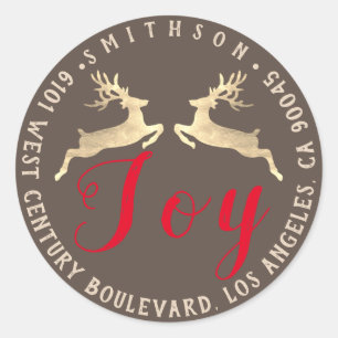 Joy Deer Holiday Adress Return RSVP Roos Gold Ronde Sticker
