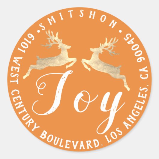 Joy Deers Holiday Retouradres Sinaasappel RSVP Gol Ronde Sticker (Voorkant)