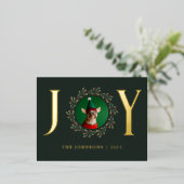 Joy Dog Foto donkergroene kerstmis met goud Folie Feestdagen Briefkaart (Staand Voorkant)