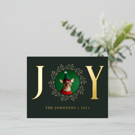 Joy Dog Foto donkergroene kerstmis met goud Folie Feestdagen Briefkaart (Staand Voorkant)
