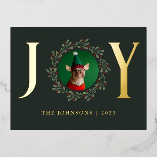 Joy Dog Foto donkergroene kerstmis met goud Folie Feestdagen Briefkaart (Voorkant)