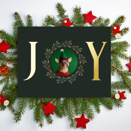 Joy Dog Foto donkergroene kerstmis met goud Folie Feestdagen Briefkaart