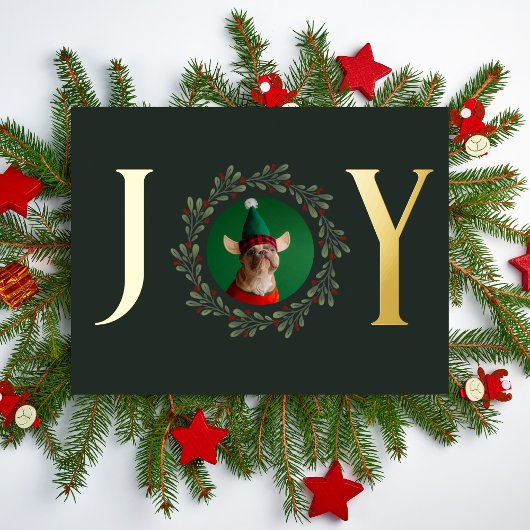 Joy Dog Foto donkergroene kerstmis met goud Folie Feestdagen Briefkaart