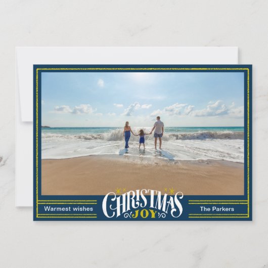 JOY Dusty Blauw Goud Script Eenvoudige Foto Kerstm Feestdagenkaart (Voorkant)