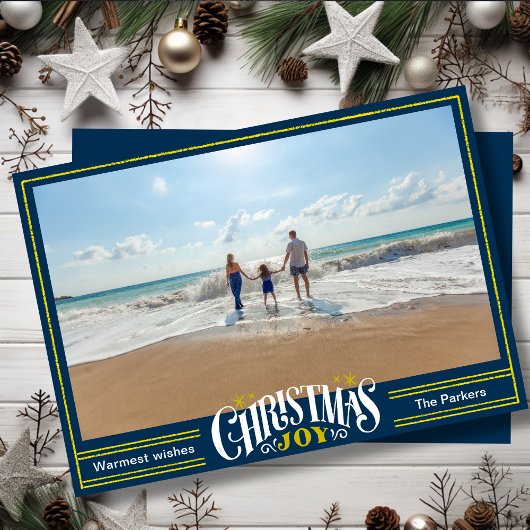 JOY Dusty Blauw Goud Script Eenvoudige Foto Kerstm Feestdagenkaart