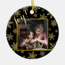 Joy! Elegant Black & Gold Round Holiday Foto Keramisch Ornament