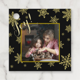 Joy! Elegant Black & Gold Snowflakes Holiday Foto Bedankjes Labels