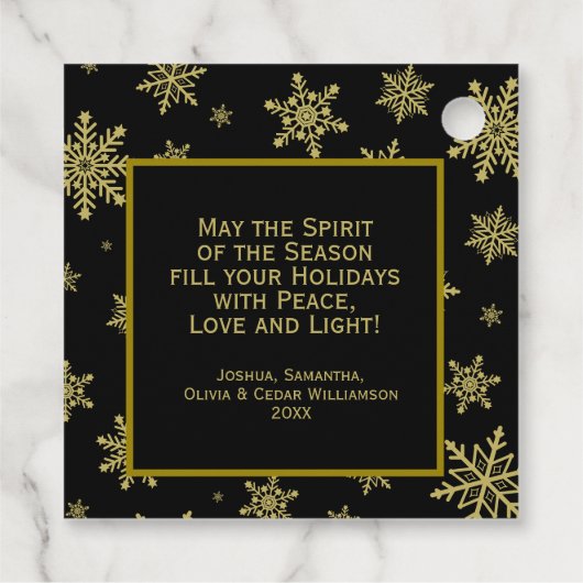 Joy! Elegant Black & Gold Snowflakes Holiday Foto Bedankjes Labels (Achterkant)