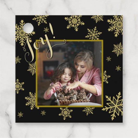 Joy! Elegant Black & Gold Snowflakes Holiday Foto Bedankjes Labels (Voorkant)