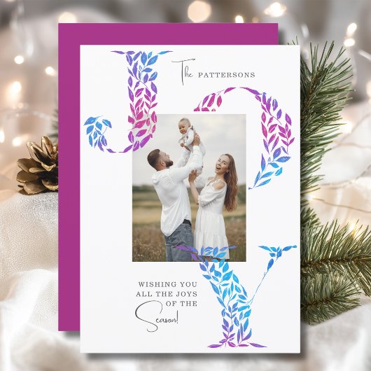 Joy Elegant Christmas Floral Typography Photo Feestdagenkaart