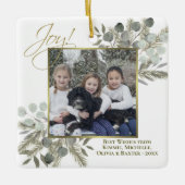 Joy! Elegant Eucalyptus & Pine Holiday Foto Keramisch Ornament (Voorkant)