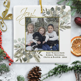 Joy! Elegant Eucalyptus & Pine Holiday Foto Keramisch Ornament