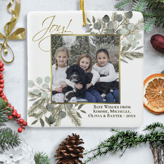 Joy! Elegant Eucalyptus & Pine Holiday Foto Keramisch Ornament